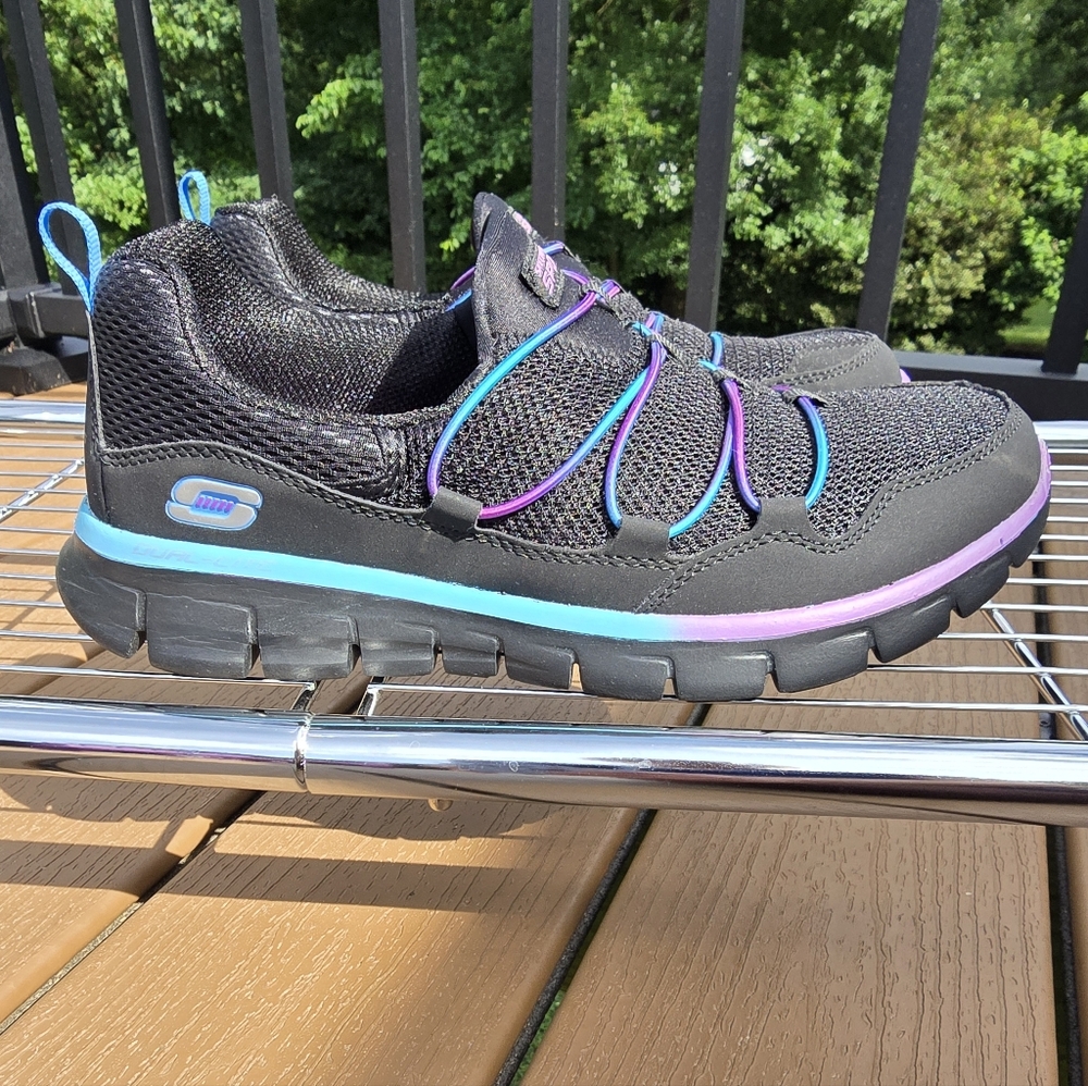 Women's Skechers Black Slip-On Sneakers Blue and Purple Accents